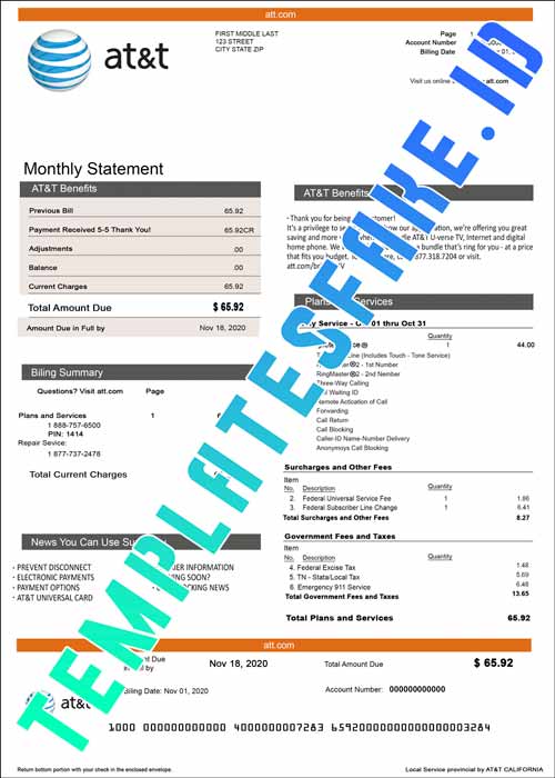 AT T Bill USA Templates Fake ID